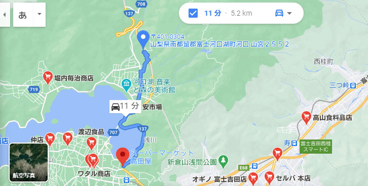 キャンプ場からスーパーまでの地図