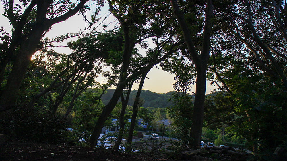 夕暮れ時の山間の景色